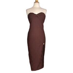 Shein Mocha Brown Textured Strapless Bodycon Fitted Midi Dress Bow Style Waves